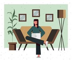 Woman cartoon on couch with laptop at home vector design