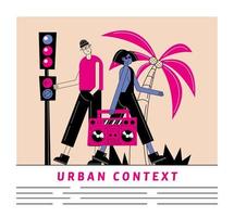 Urban and city woman and man cartoon with tape recorder vector design