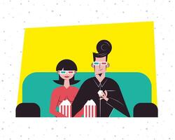 Romantic couple seeing 3d movie with glasses and popcorns vector design