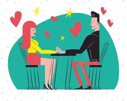 Romantic couple cartoons at restaurant table with hearts vector design