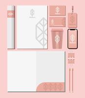 paper document and bundle of mockup set elements in pink background vector