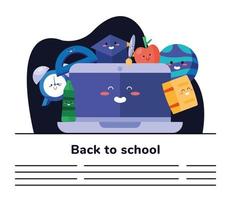 back to school lettering poster with laptop and supplies kawaii characters vector