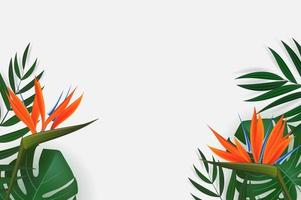 hoja de palma verde realista natural con fondo tropical de flor de strelitzia. ilustración vectorial eps10 vector