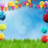 Green Grass Field and Blue Sky Background with Holiday Flags, balloons. Vector Illustratio