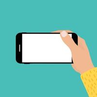 Hand holding mobile phone with empty screen template. Can be used for advertisment . Vector Illustration