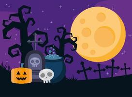 happy halloween card with cauldron and skull in cemetery vector