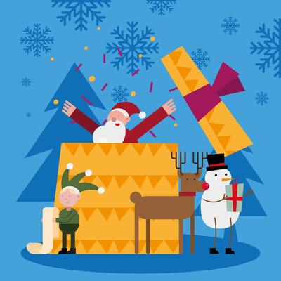 santa claus in gift with elfand snowman christmas characters