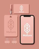 id badge and bundle of mockup set elements in pink background vector