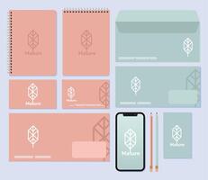 pink notebooks and bundle of mockup set elements in blue background vector