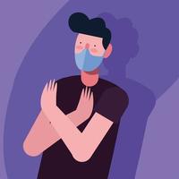 young man wearing medical mask protection in purple background vector