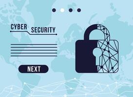 Infografía de seguridad cibernética con circuito en candado y mapas terrestres. vector