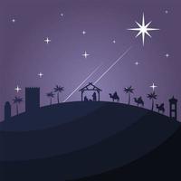 Feliz tarjeta de feliz navidad con la sagrada familia en el establo y reyes mágicos en silueta de camellos vector