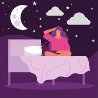 woman in bed with night scene suffering from insomnia character vector