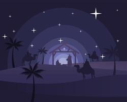Feliz tarjeta de feliz navidad con la sagrada familia en el establo y reyes mágicos en camellos silueta escena vector