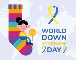 world down sindrome day campaign poster with little girl seated in colors socks vector