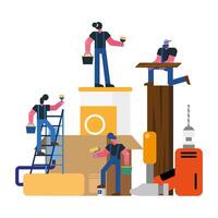 constructors workers team remodeling with tools scene vector