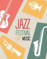 cartel del festival de jazz con instrumentos y letras. vector