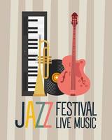 cartel del festival de jazz con instrumentos y letras. vector