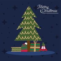 happy merry christmas pine tree with gifts vector