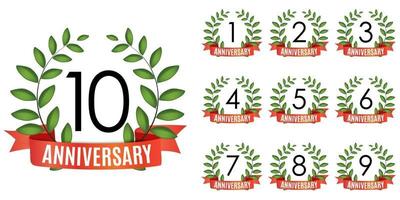 Collection of  Years Anniversary Template with Red Ribbon and Laurel wreath Vector Illustration