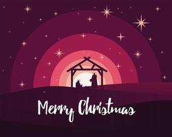 happy merry christmas lettering with holy family in stable silhouette scene vector