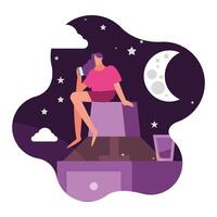 woman using smartphone seated in lamp and night scene suffering from insomnia vector