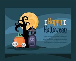 happy halloween lettering card with cauldron and skulls vector