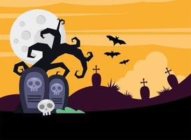 tarjeta de feliz halloween con murciélagos volando en el cementerio vector