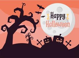 happy halloween lettering card with pumpkins in cemetery at night scene vector