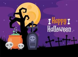 happy halloween lettering card with cauldron and skulls at night vector