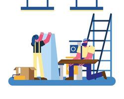 constructors workers couple remodeling with stairs and tools scene vector