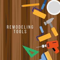 set of remodeling tools with lettering in wooden background vector