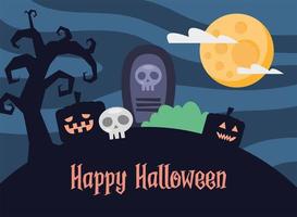 happy halloween lettering card with pumpkins at night scene vector