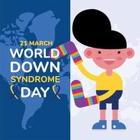cartel de la campaña del día mundial del sindrome con niño pequeño y calcetines en mapas de la tierra vector