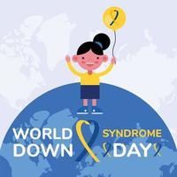 world down sindrome day campaign poster with little girl and balloon helium in earth planet vector