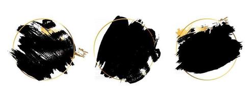 marco de círculo dorado con fondo de pintura negra splash, conjunto de plantillas de banners de trazos de pincel. ilustración vectorial