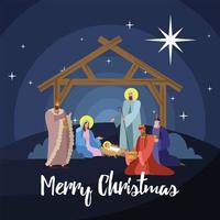 happy merry christmas lettering with holy family in stable scene vector
