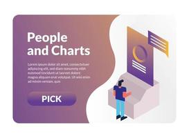 man and charts with pick button character vector