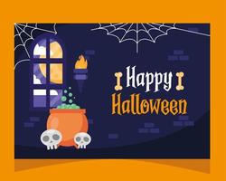 happy halloween lettering card with cauldron and skulls in castle vector