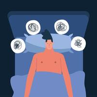 man in bed thinking problems suffering from insomnia character vector