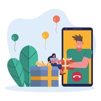 couple opening gifts in smartphone characters scene vector