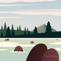 Landscape of river in front of pine trees vector design