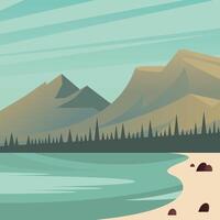 paisaje de mar frente a montañas y pinos diseño vectorial vector