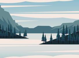paisaje de montañas pinos y río diseño vectorial vector