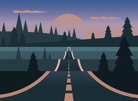 landscape of street with moon and pine trees vector design