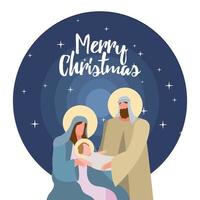 happy merry christmas lettering with holy family scene vector