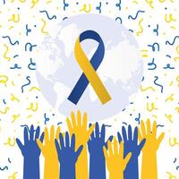 down syndrome day ribbon on world with hands up vector design