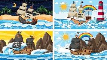 Set of Ocean with Pirate ship at different times scenes  in cartoon style vector