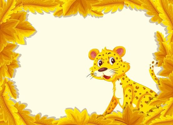 Yellow leaves banner template with leopard cartoon character