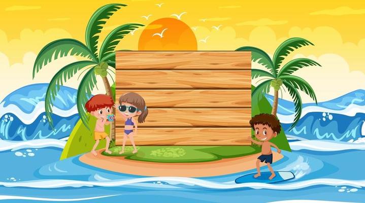 Kids on vacation at the beach sunset scene with an empty banner template